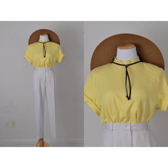 Vintage 90s Yellow Mockneck Cotton Tee by Jennifer Moore | size L - Picture 1 of 10